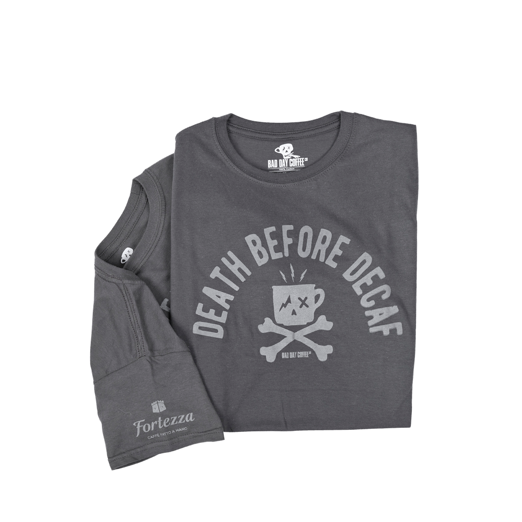 T-Shirt " DEATH BEFORE DECAF" - Dunkelgrau (Damen)