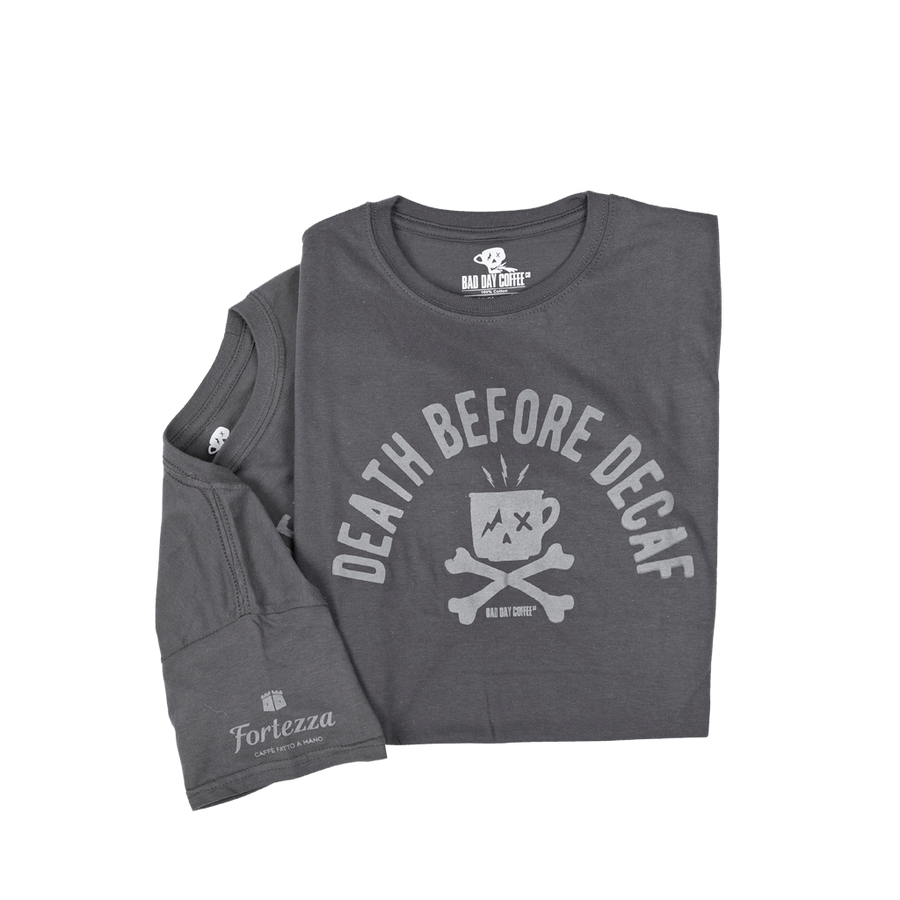 T-Shirt " DEATH BEFORE DECAF" - Dunkelgrau (Damen)