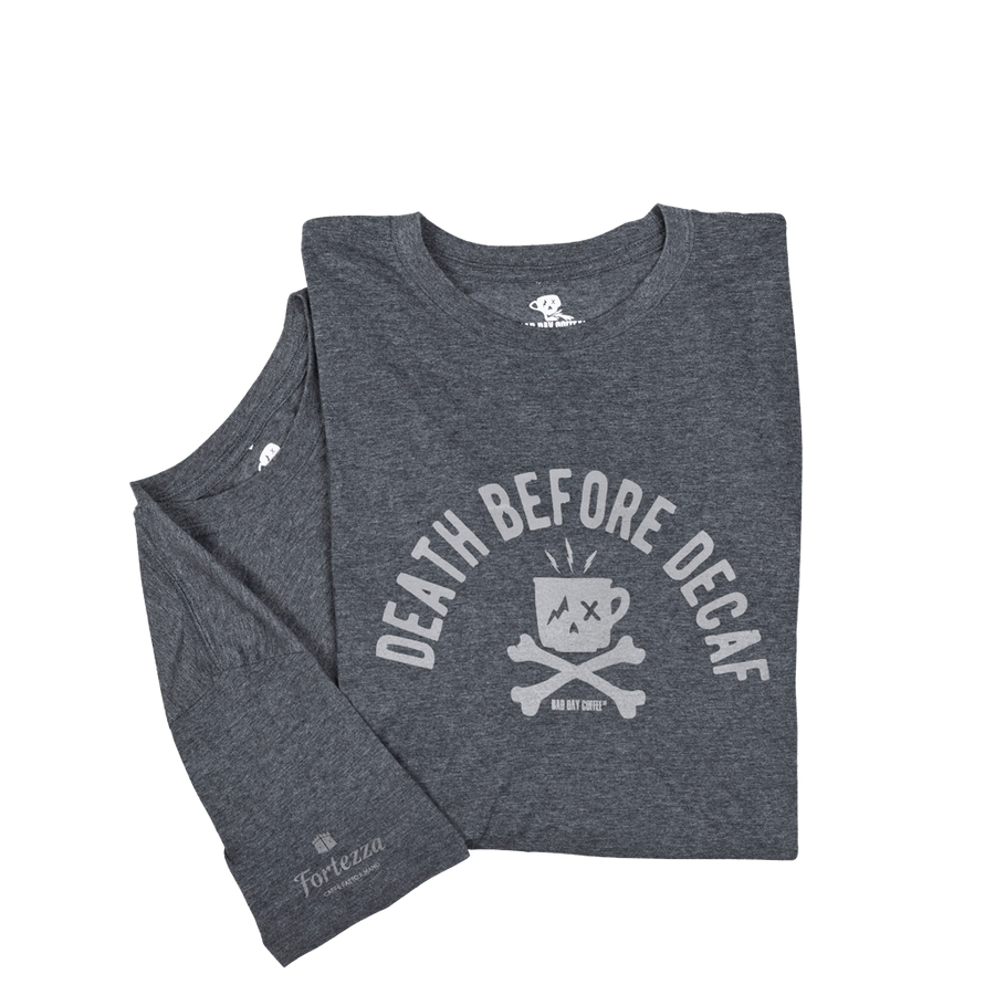 T-Shirt " DEATH BEFORE DECAF" - Dunkelgrau/Meliert